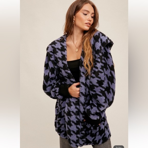 Hem & Thread Sweaters - 🆕Cardigan Oversized Hoodie Cozy Open With Pockets Blue Black Houndstooth OSFM